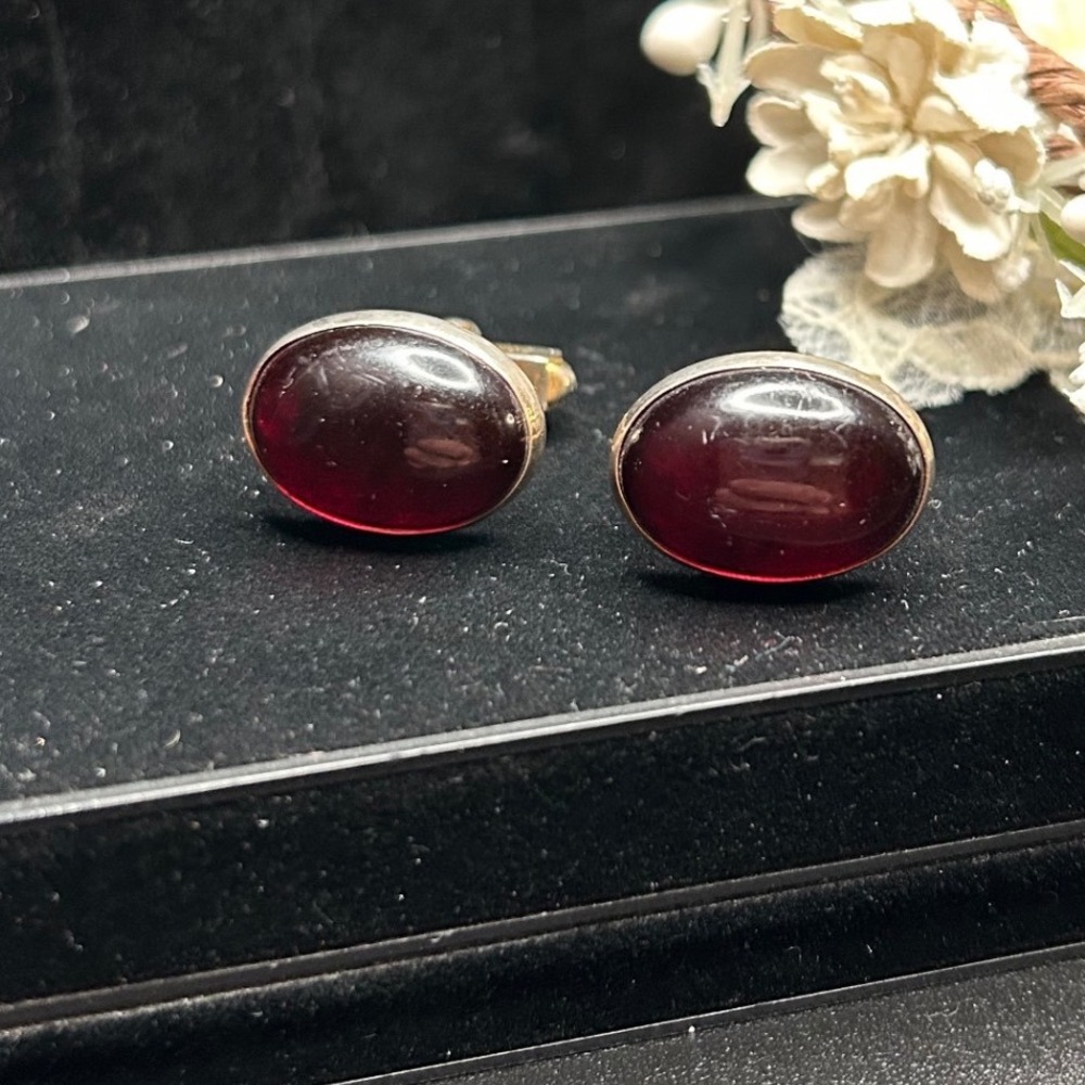 Vintage Swank Burgundy Cabochon Cufflinks Oval Gold Tone Retro Mens Jewelry